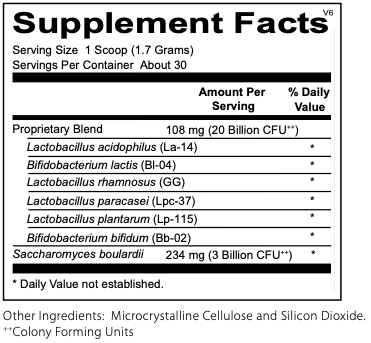 BiomeQuench supplement facts - proprietary blend of probiotics and prebiotics, including Lactobacillus acidophilus, Lactobacillus paracasei, Bifidobacterium bifidum, and Saccharomyces boulardii for digestive and immune health.